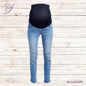 Times 2 Light Blue Distressed Over Belly Maternity Jeans~Size Medium~NWT